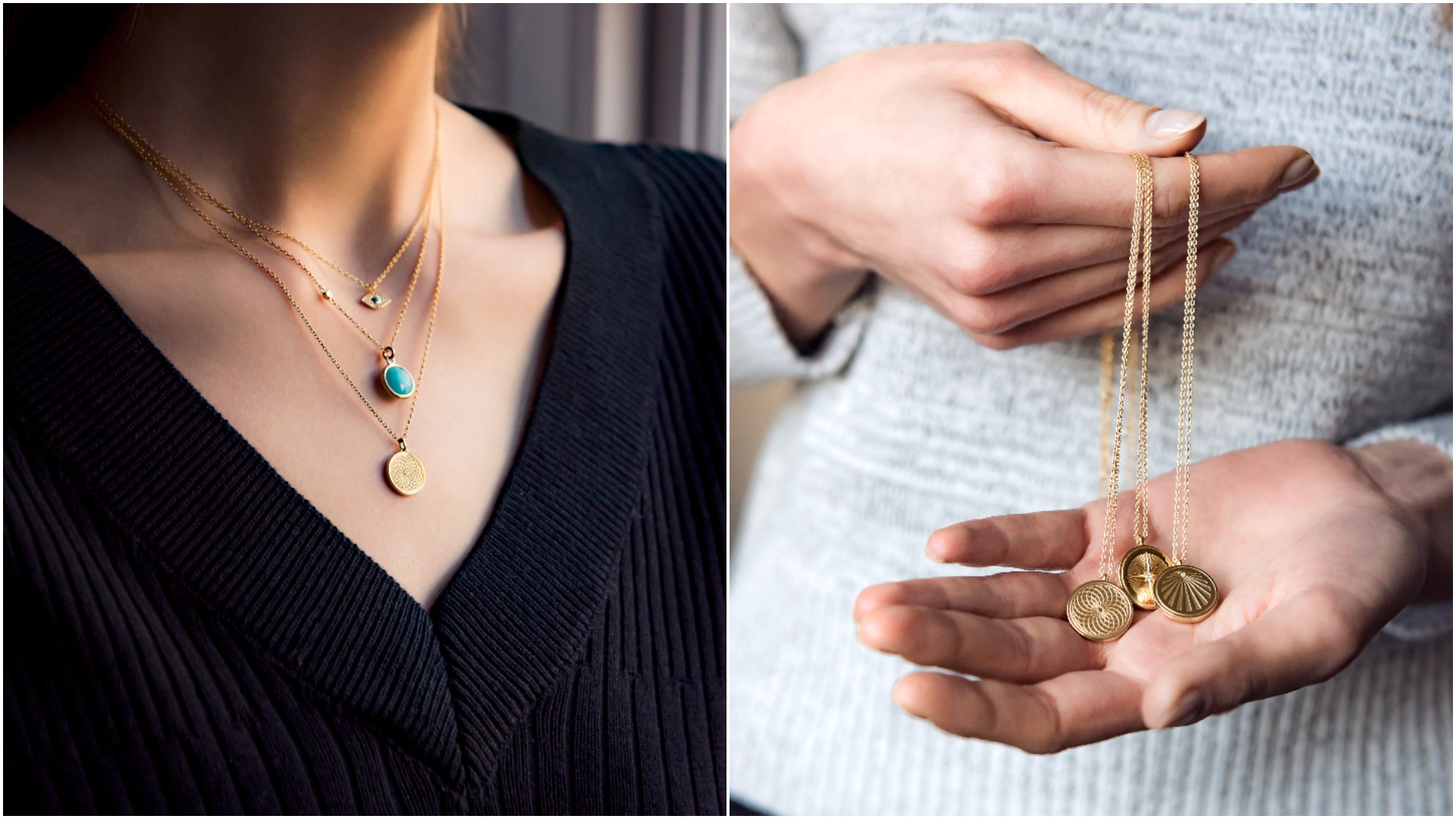 Collage of a Model wearing the Celestial Radial Pendant Necklace in Yellow Gold Vermeil stacked with the Mini Evil Eye Biography Pendant Necklace in Yellow Gold Vermeil and the Round Stilla Amazonite Pendant Necklace in Yellow Gold Vermeil and a women holding the engravable photo lockets from the celestial collection