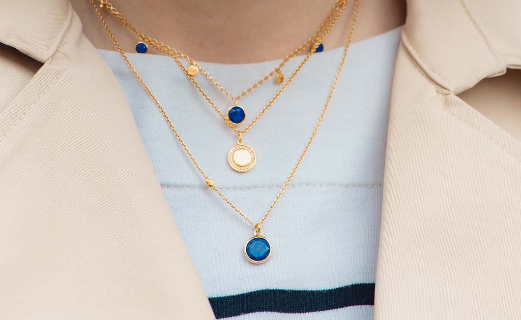 Model Wearing Lapis Lazuli Gemstone Necklace Stack