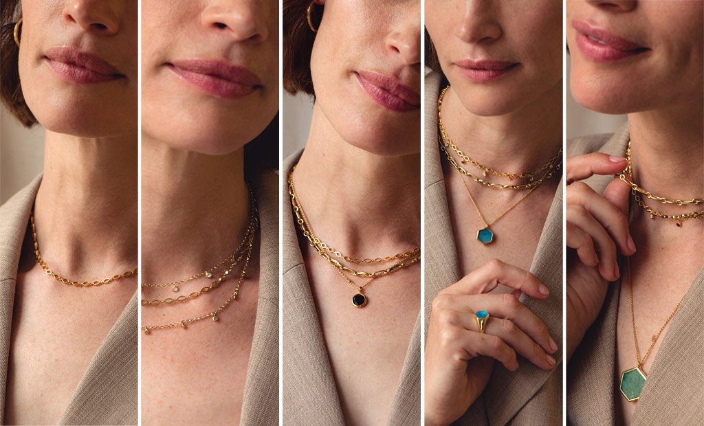 Model wearing Astley Clarke Gemstone and Chain Stacking Necklaces in 18ct Yellow Gold Vermeil