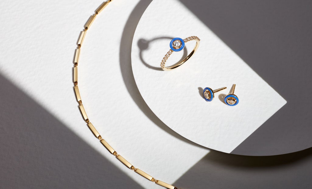 Astley Clarke Circulus Blue Enamel Ring and Stud Earring and Aubar Chain Necklace in 18ct Gold Vermeil