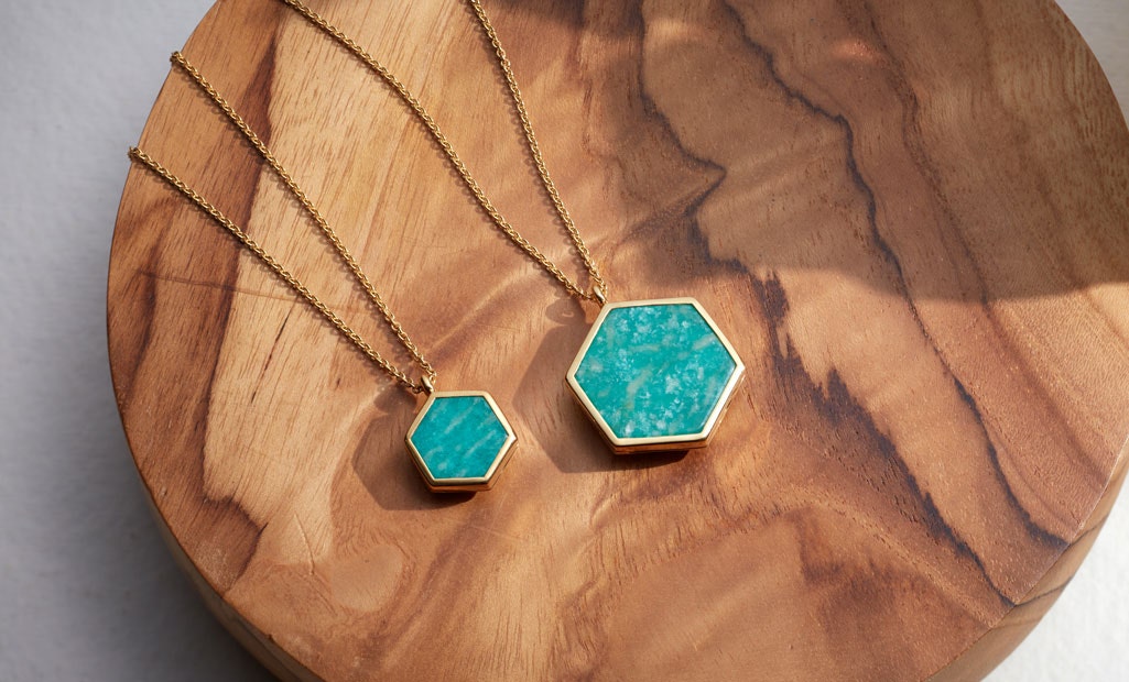 Astley Clarke Large Amazonite Deco Photo Locket and Mini Amazonite Deco Photo Locket in 18ct Yellow Gold Vermeil