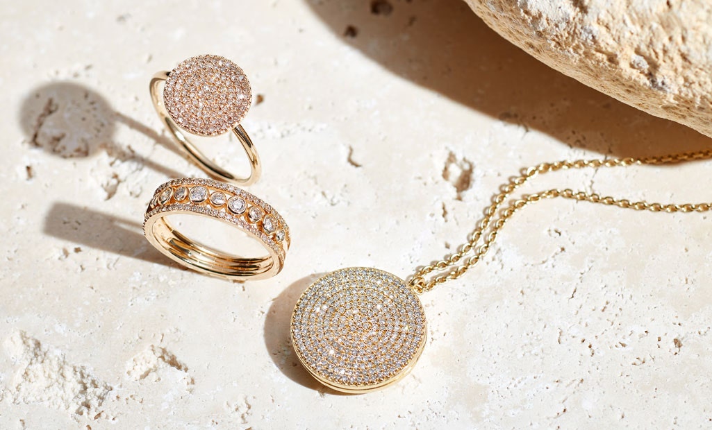 Astley Clarke Icon Diamond Locket, Icon Diamond Drop Earring and Icon Diamond Ring and Icon Nova Diamond Eternity Ring in Solid 14ct Gold