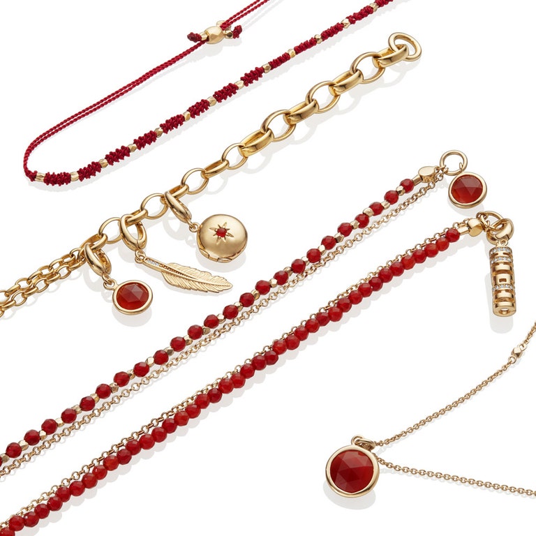 red agate jewellery with removable gold charms