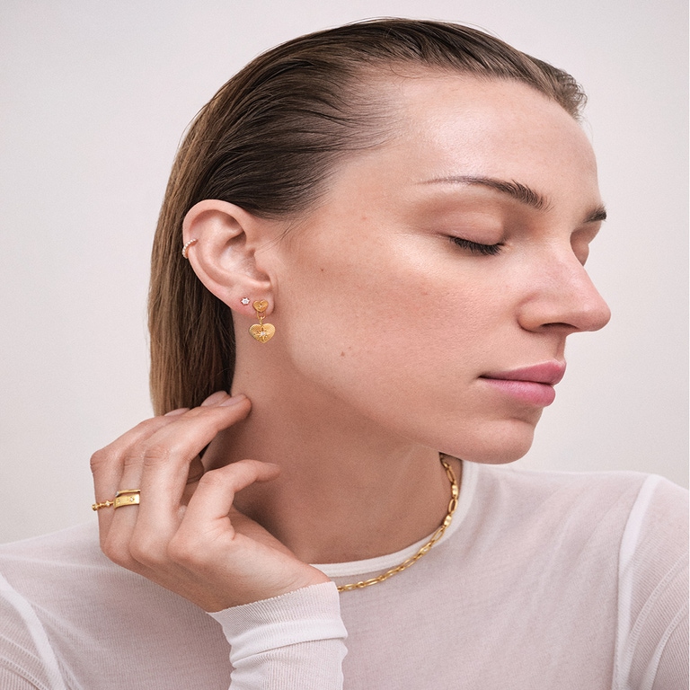 Gold Biography Double Heart Drop Earrings
