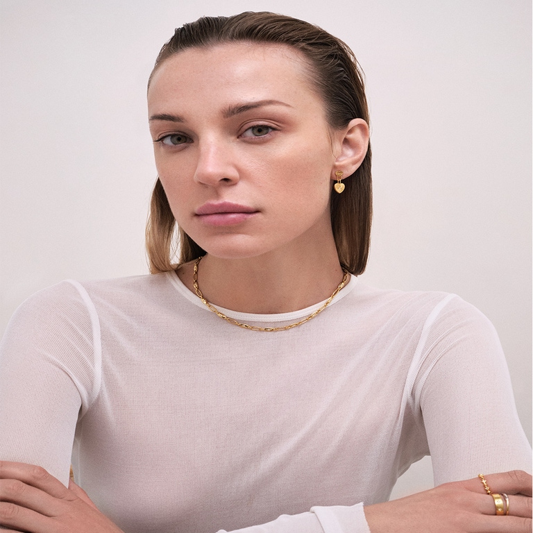 Gold Biography Double Heart Drop Earrings