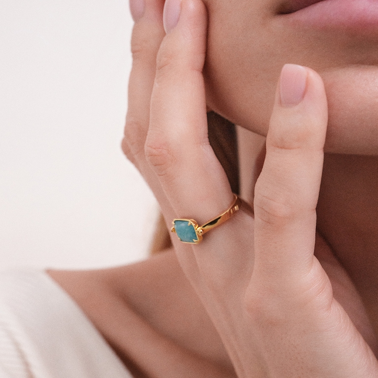 Gold Deco Mother of Pearl and Amazonite Spinner Ring