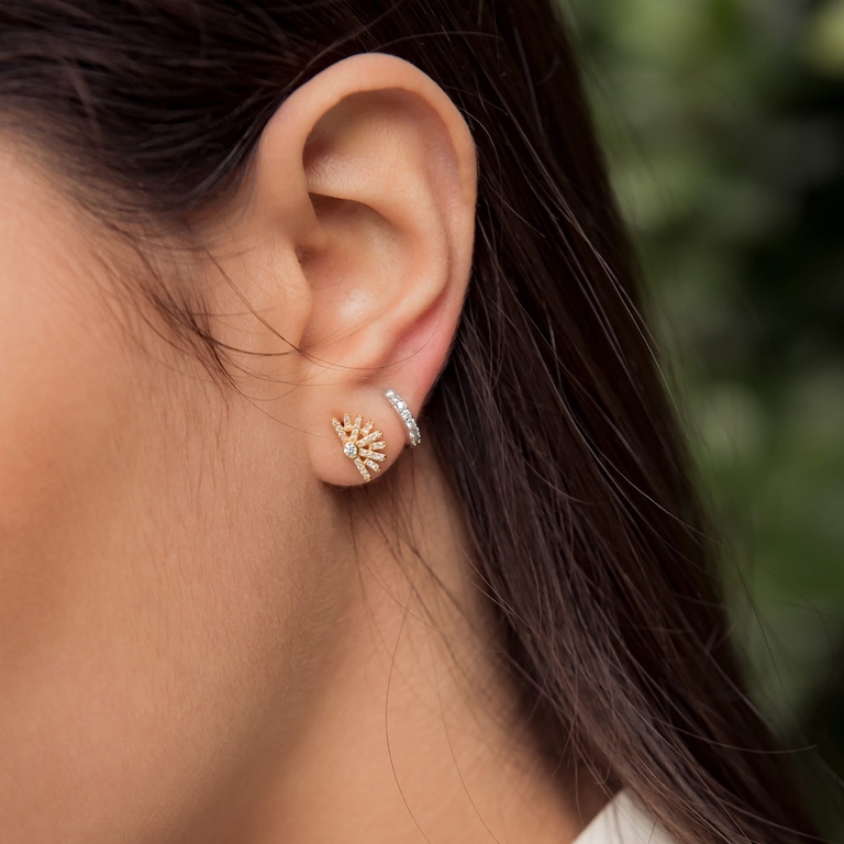 Mini Halo Diamond Single Hoop Earring in White Gold 