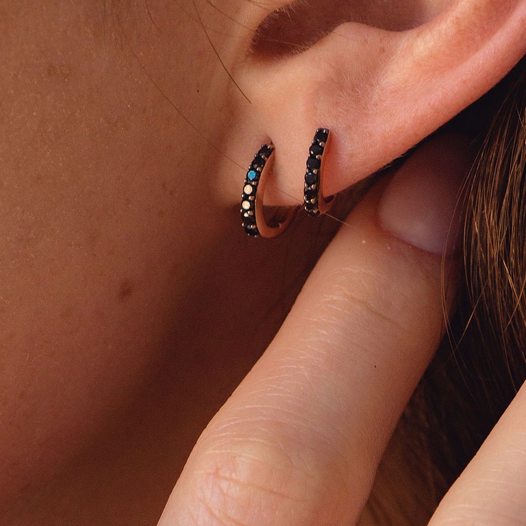 Mini Halo Black Diamond Hoop Earrings in Rose Gold 