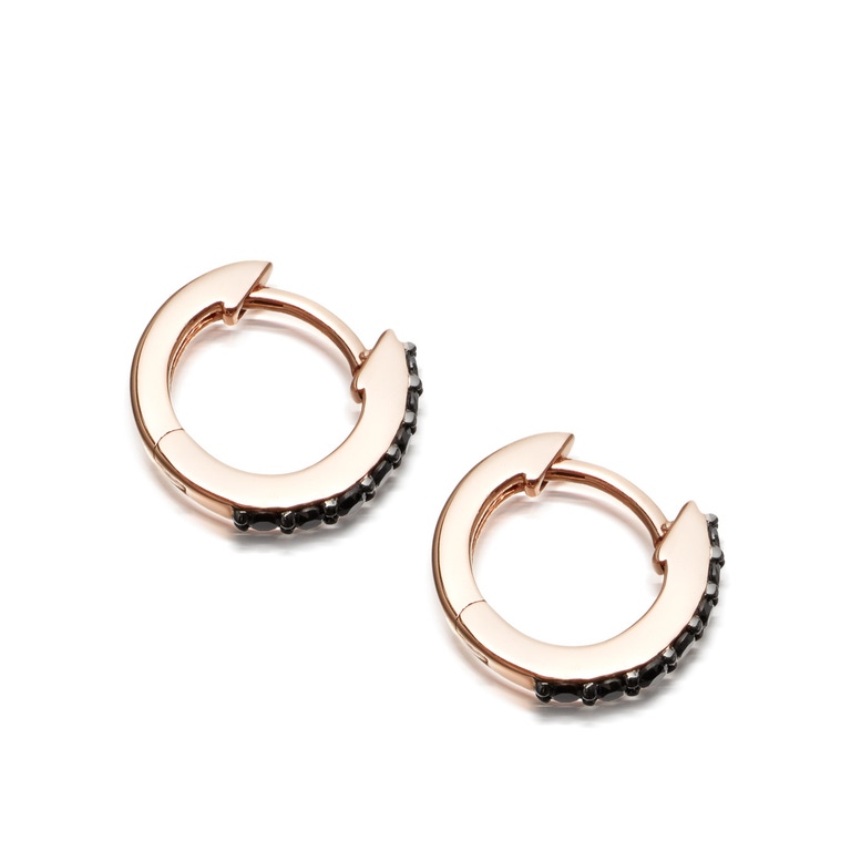 Huggie Halo Black Diamond Hoop Earrings in Rose Gold