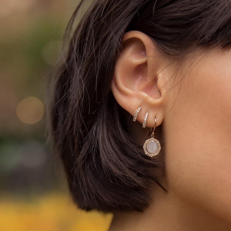 earring stack with 14ct rose gold hoop and gemstone drop earrings
