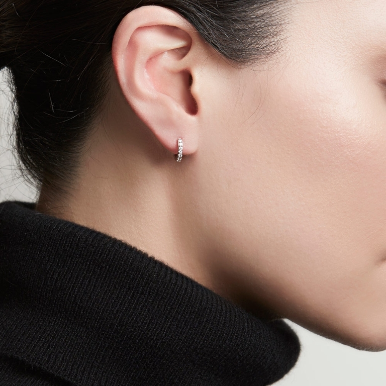 Mini Halo Diamond Single Hoop Earring in White Gold 