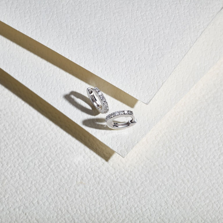 Mini Halo Diamond Hoop Earrings in White Gold 