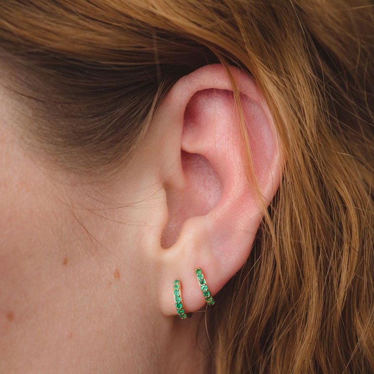Solid Gold Emerald Single Huggie Hoop Earring