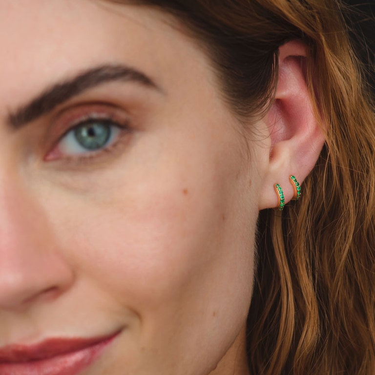 Solid Gold Emerald Single Huggie Hoop Earring