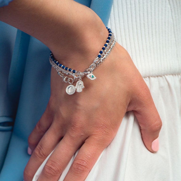 Rainbow Moonstone Hamsa Biography Bracelet in Sterling Silver