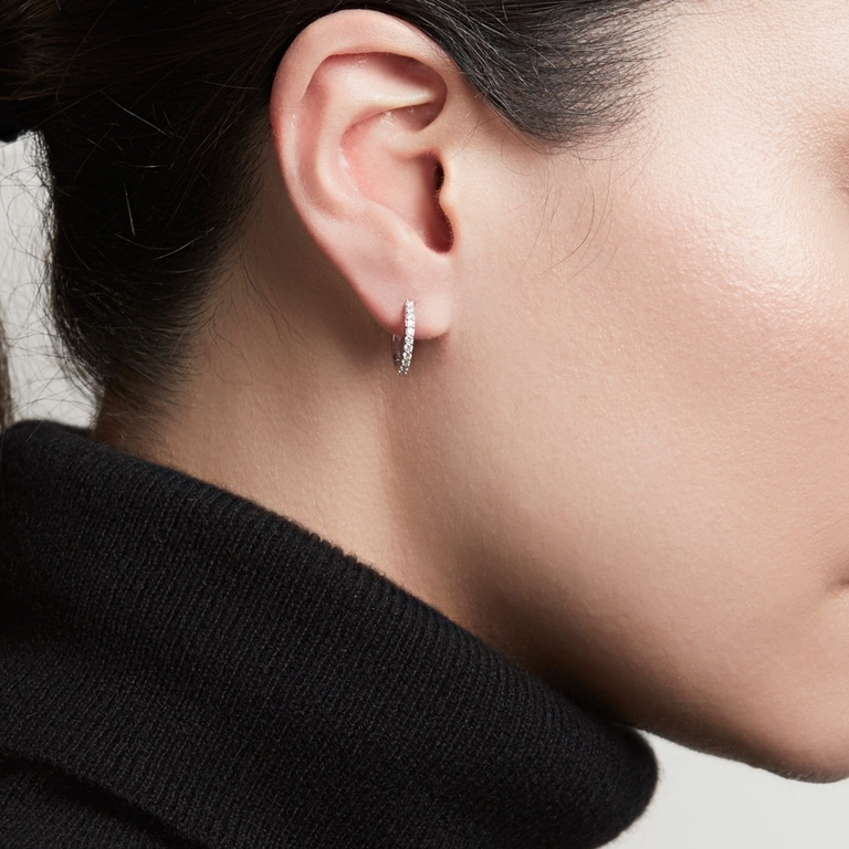 Medium Halo Diamond Hoop Earrings in White Gold | 14ct Gold Jewellery | Astley Clarke