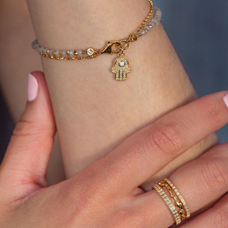 Gold Biography Rainbow Moonstone Hamsa Bracelet