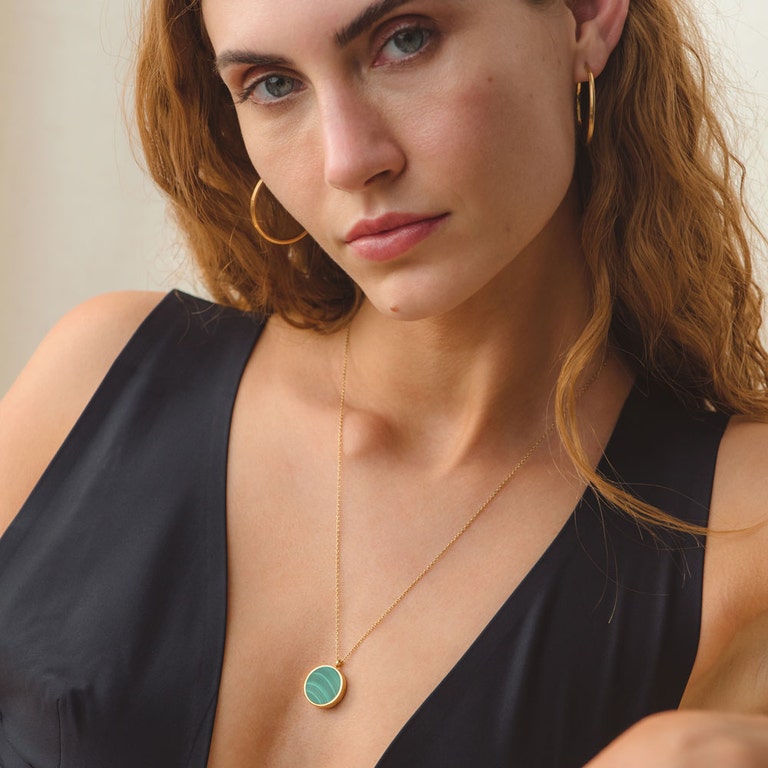 Malachite Slice Locket Necklace in Yellow Gold Vermeil with large hoop earrings