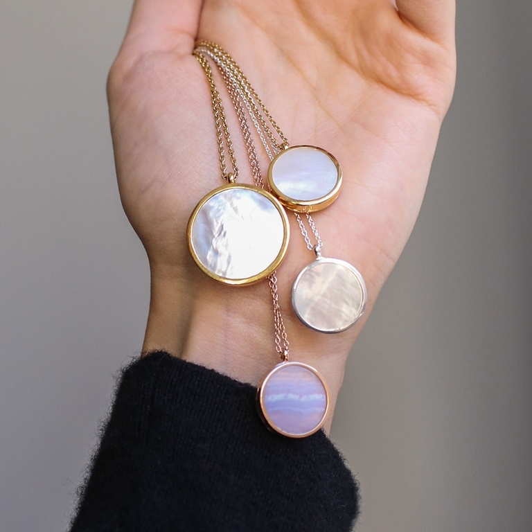 Large Mother of Pearl Slice Stilla Locket Necklace in Yellow Gold Vermeil