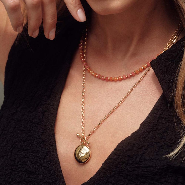 Gold Biography Peach Jade and Square Link Necklace