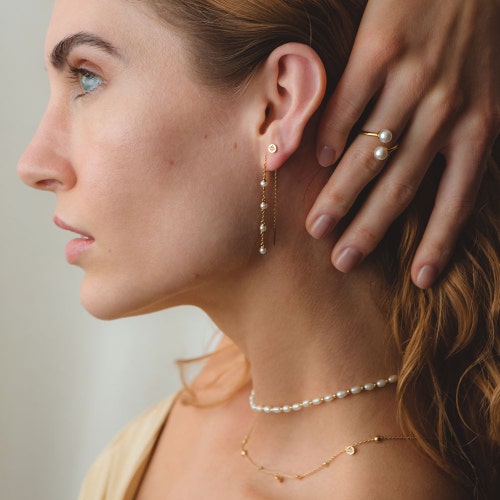 Gold Stilla White Pearl Chain Earrings 