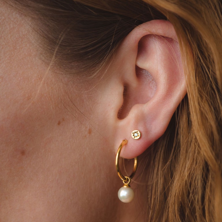 Vera Pearl Drop Hoop Earrings in Yellow Gold Vermeil