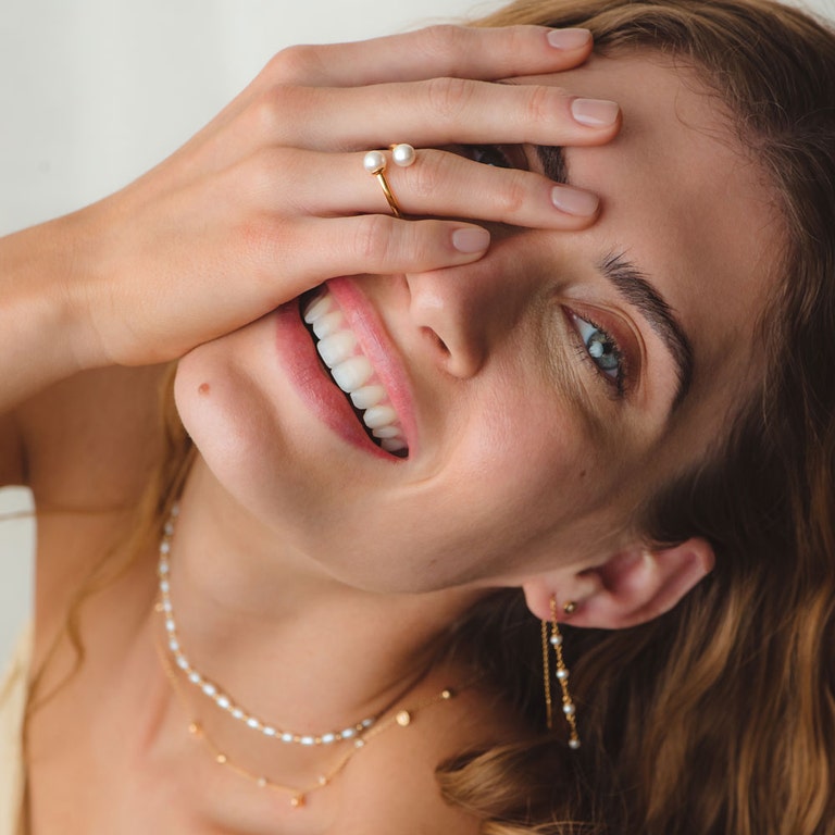 Gold Stilla White Pearl Open Ring 