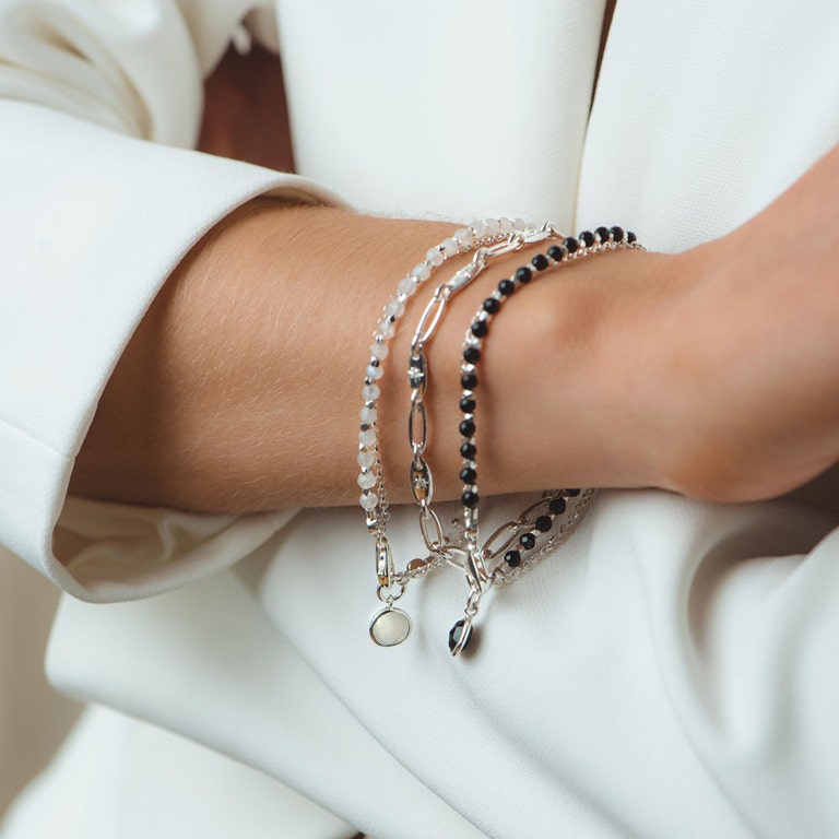 sterling silver chain bracelet with silver moonstone bracelet and silver black onyx bracelet