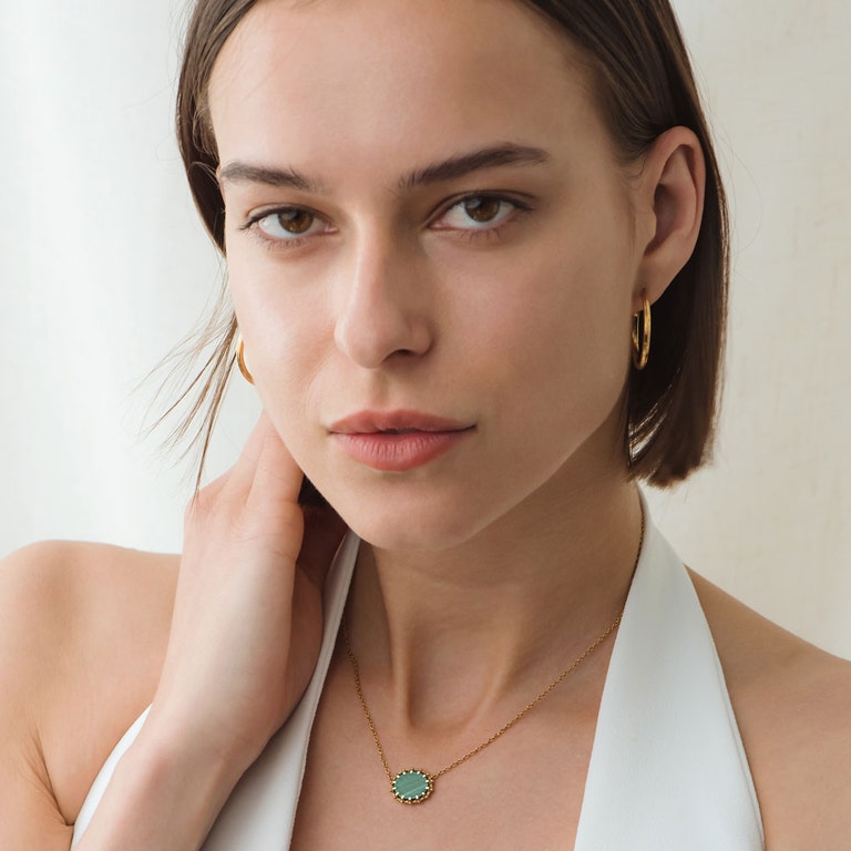 Gold necklace with green gemstone malachite Pendant with gold chunky hoop earrings 