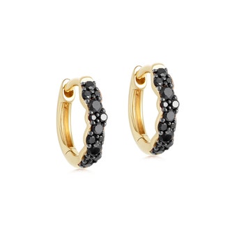 Huggie Interstellar Black Diamond Hoop earrings in Yellow Gold