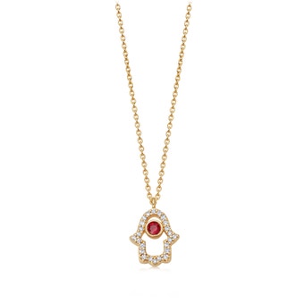 Solid Gold Ruby Hamsa Hand Lab Grown Diamond Pendant Necklace