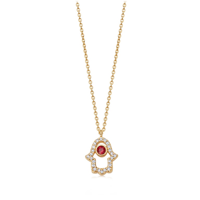 Solid Gold Ruby Hamsa Hand Lab Grown Diamond Pendant Necklace