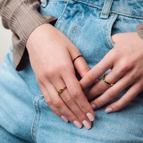 Celestial Green Enamel Orbit Signet Ring in Yellow Gold Vermeil