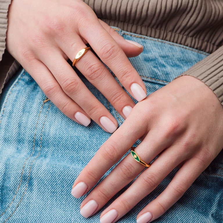 Celestial Green Enamel Orbit Signet Ring in Yellow Gold Vermeil