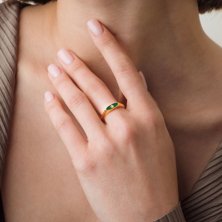 Celestial Green Enamel Orbit Signet Ring in Yellow Gold Vermeil