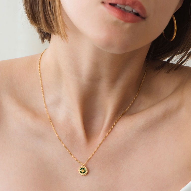 Gold Celestial Green Enamel Astra Pendant Necklace