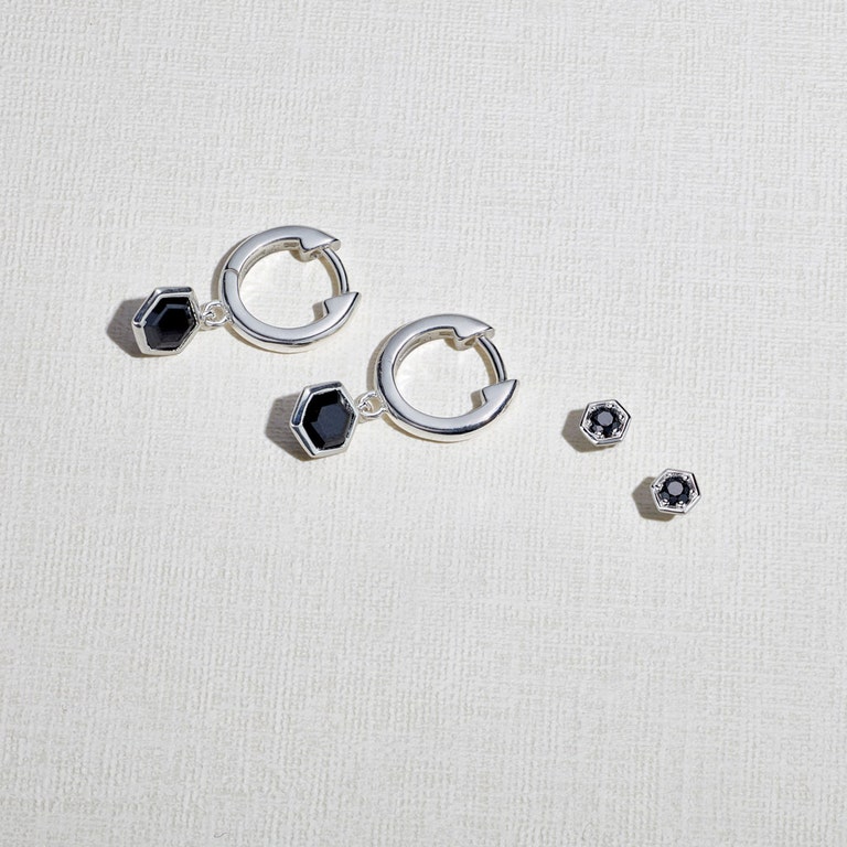 Silver Deco Black Spinel Stud Earrings