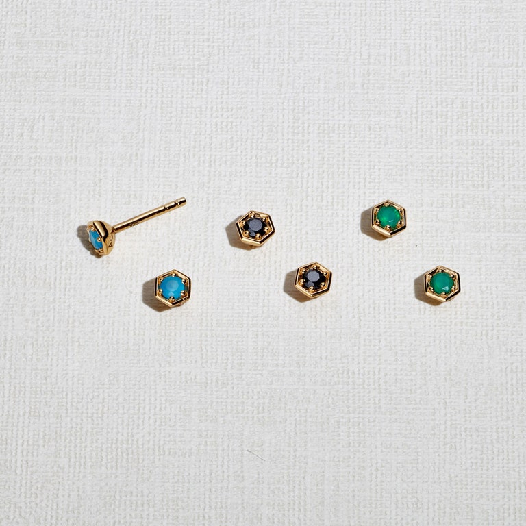 Gold Deco Blue Agate Stud Earrings