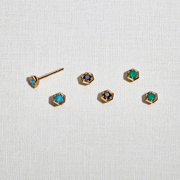 Gold Deco Green Agate Stud Earrings
