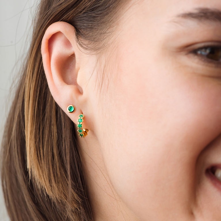 Gold Deco Green Agate Huggie Earrings