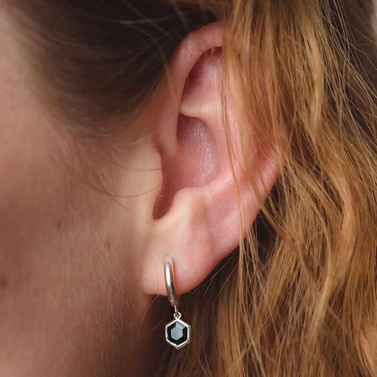 Deco Black Spinel Drop Hoop Earrings | 925 Sterling Silver 