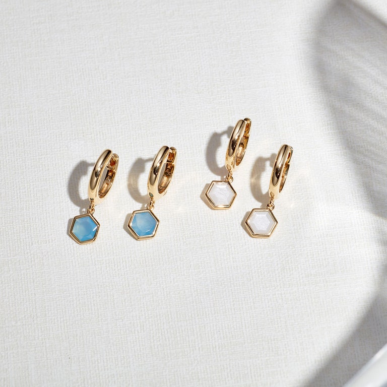 Gold Deco Moonstone Drop Hoop Earrings
