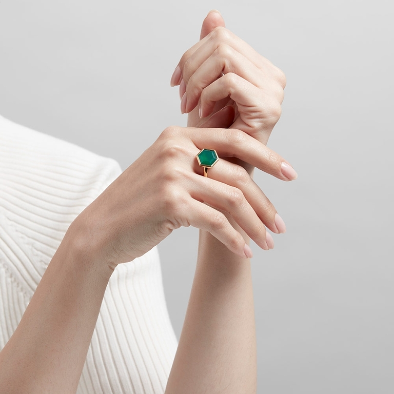 Large Deco Green Agate Ring in Yellow Gold Vermeil | Yellow Gold Vermeil | Astley Clarke London