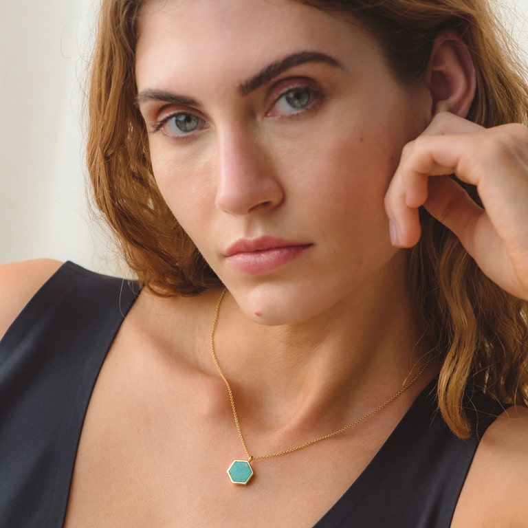 Deco Amazonite Slice Locket necklace in yellow gold vermeil