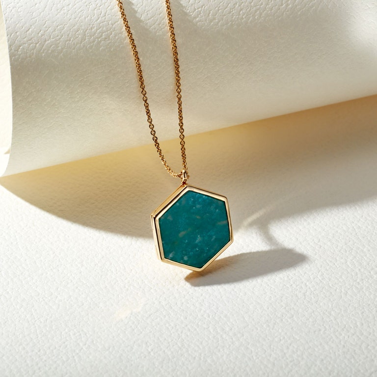 Large Deco Amazonite Slice Locket Necklace in Yellow Gold Vermeil