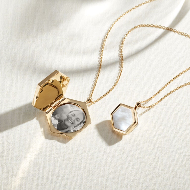 gold photo locket necklace and mini pearl locket necklace
