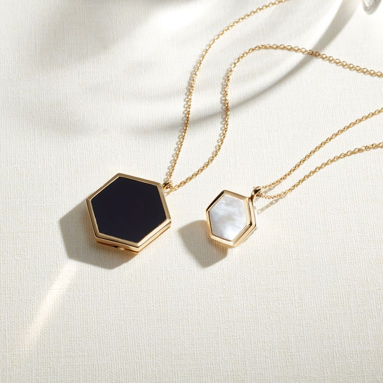 small gold locket necklace and black personalised locket necklace