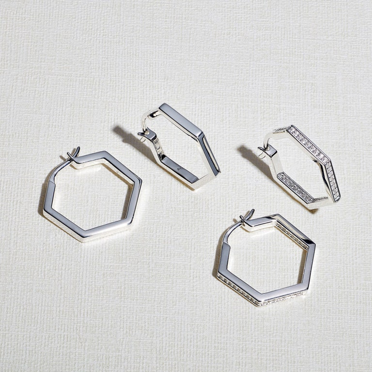 Medium Sapphire Deco Hoop Earrings in Sterling Silver