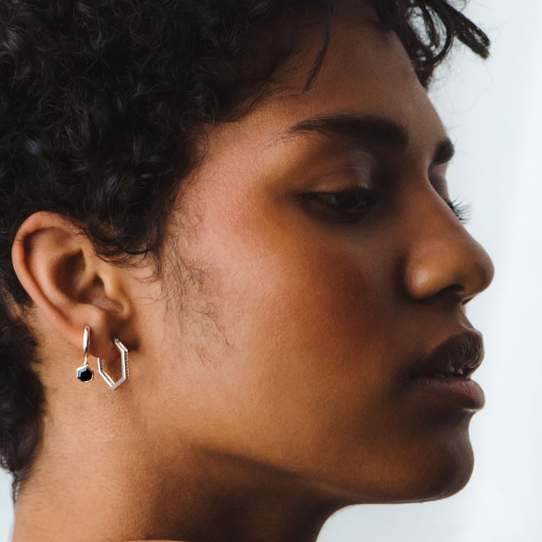 Silver Deco Black Spinel Drop Hoop Earrings