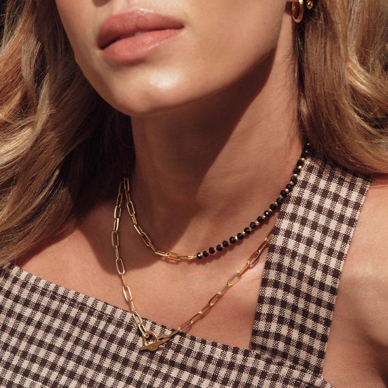 Gold Biography Black Onyx and Square Link Necklace